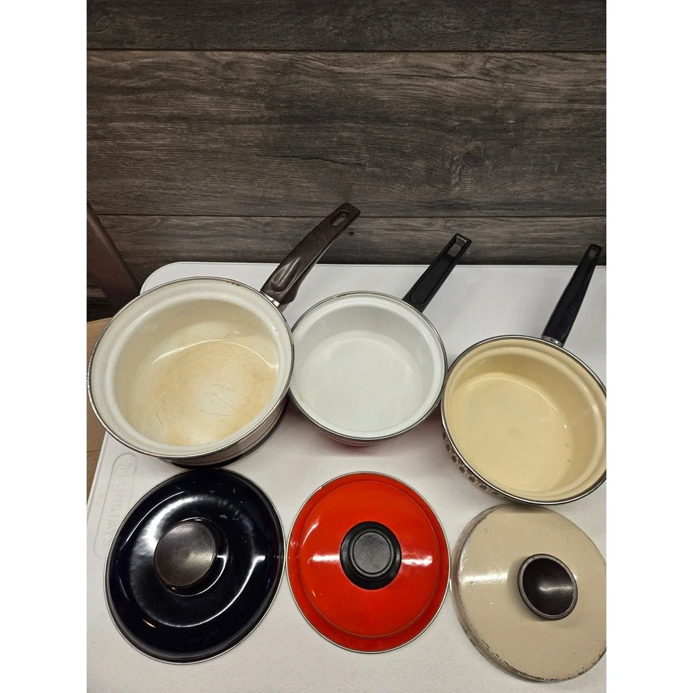 Vintage Enamel Saucepan Lot Lanko Japan Moneta Italy Retro Mid‎ Century Cookware